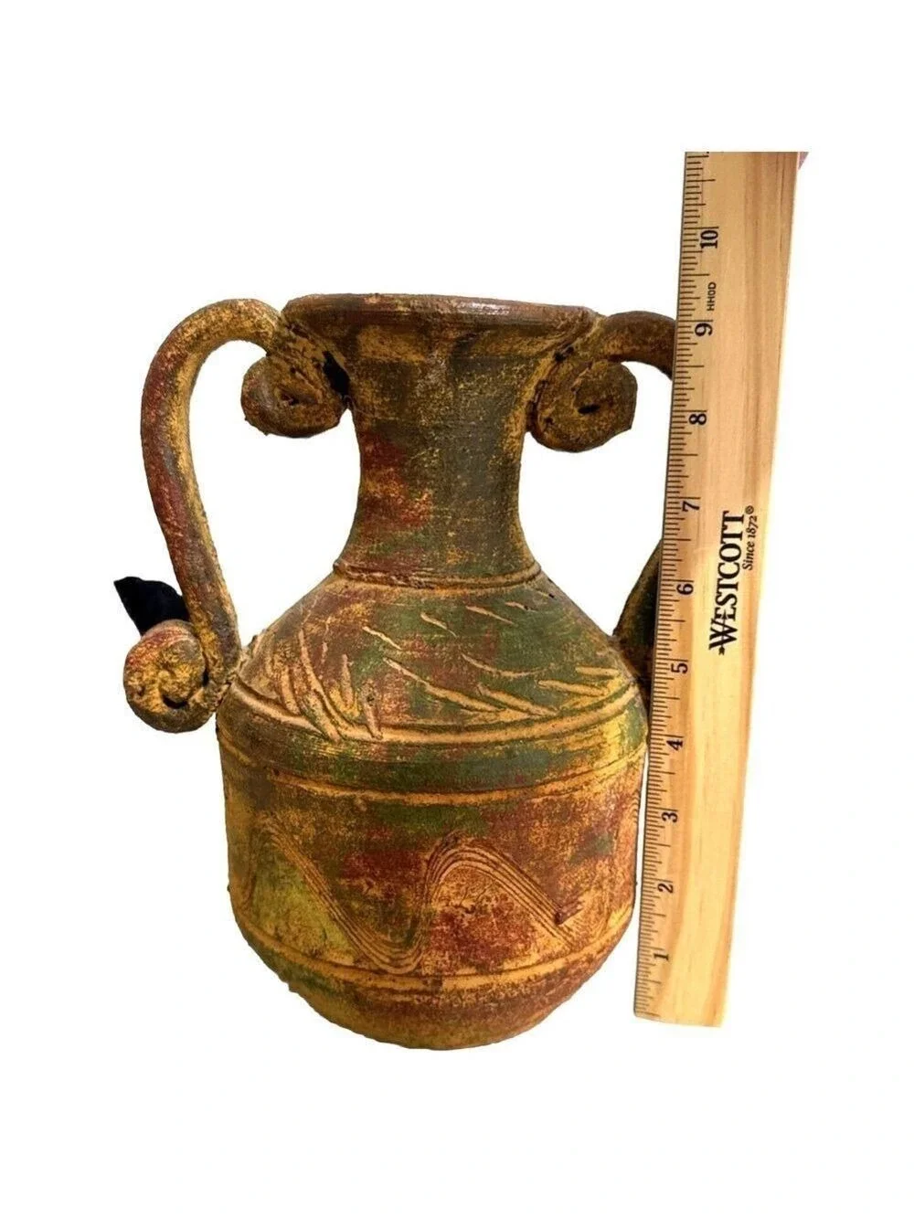 Vintage Rustic Handmade Mexican Clay 2 Handle Pottery Vase Artisan Earth Tones